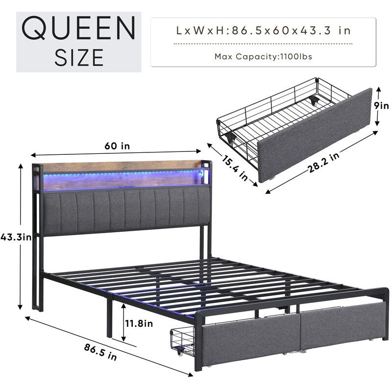 Metal Platform Bed with LED,Storage Headboard and 2 Drawers
