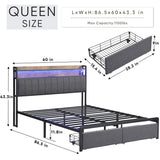 Metal Platform Bed with LED,Storage Headboard and 2 Drawers