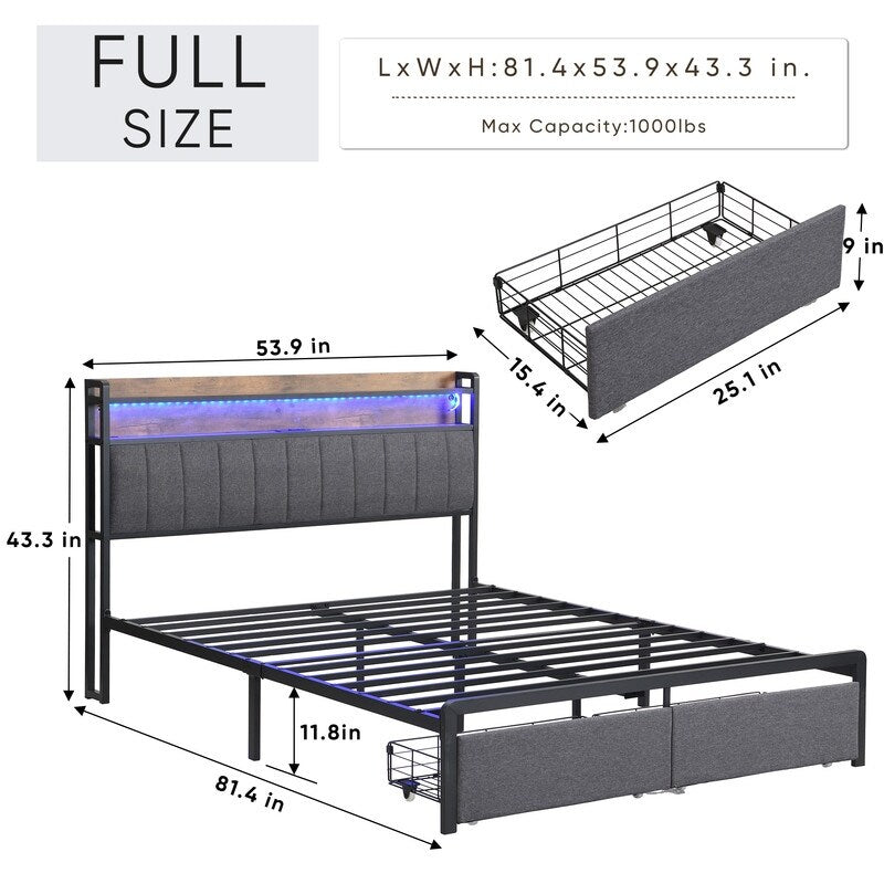 Metal Platform Bed with LED,Storage Headboard and 2 Drawers