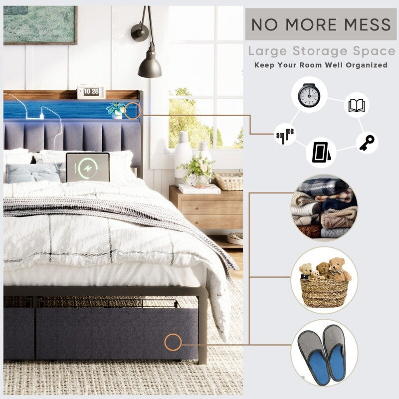 Metal Platform Bed with LED,Storage Headboard and 2 Drawers