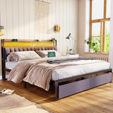 Metal Platform Bed with LED,Storage Headboard and 2 Drawers