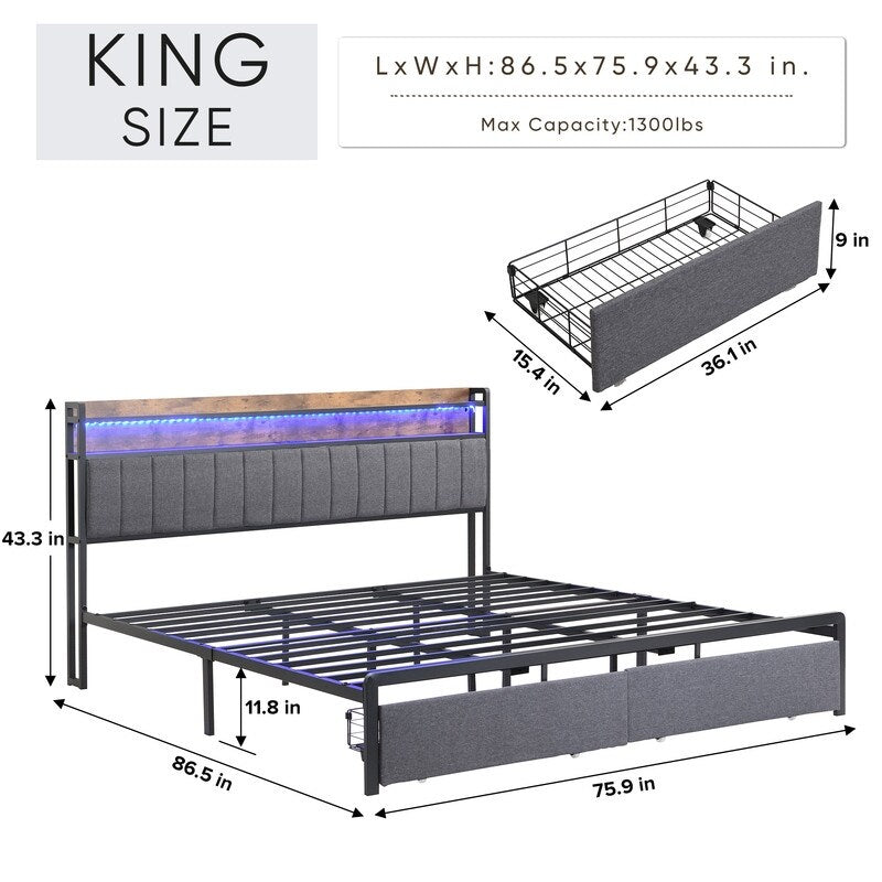 Metal Platform Bed with LED,Storage Headboard and 2 Drawers