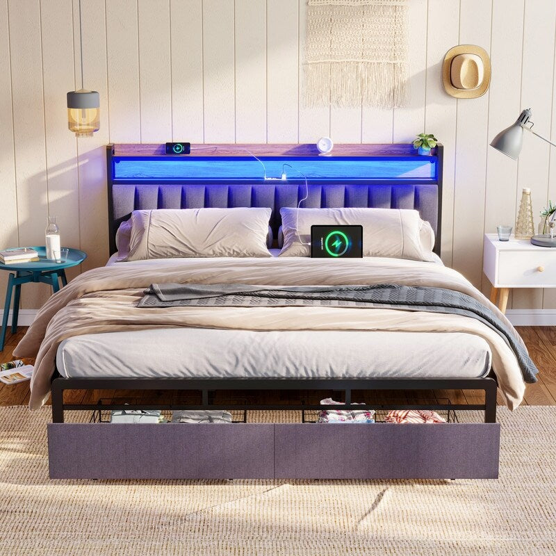 Metal Platform Bed with LED,Storage Headboard and 2 Drawers