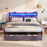 Metal Platform Bed with LED,Storage Headboard and 2 Drawers