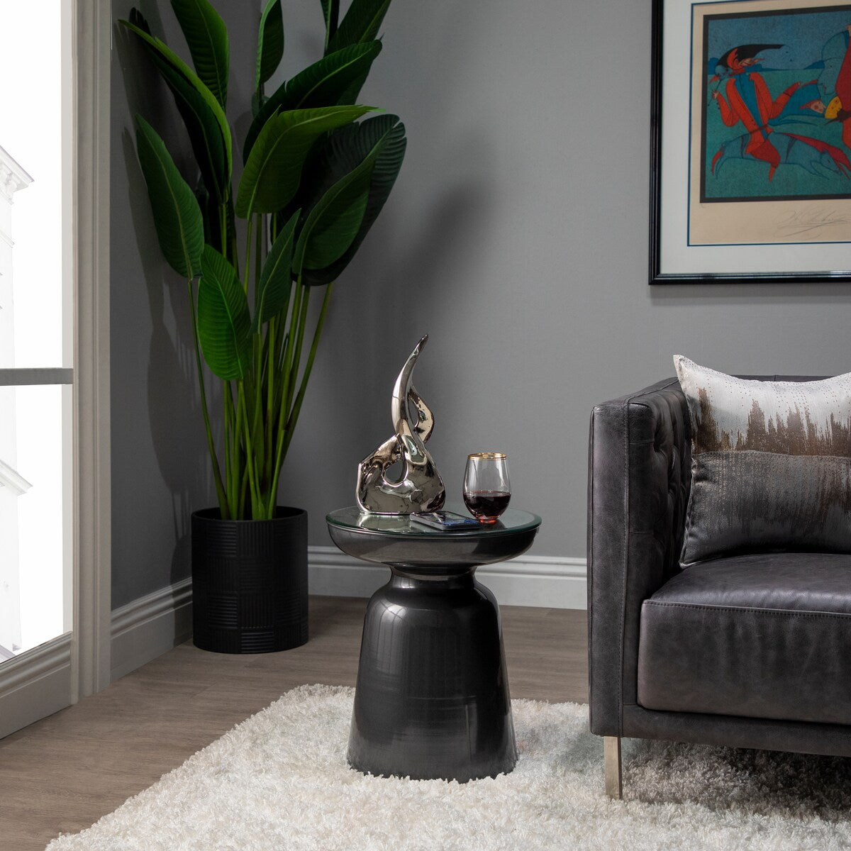 Metal Side Table with Mirror Top, Gunmetal 19.0"H - 16.0" x 16.0" x 19.0"