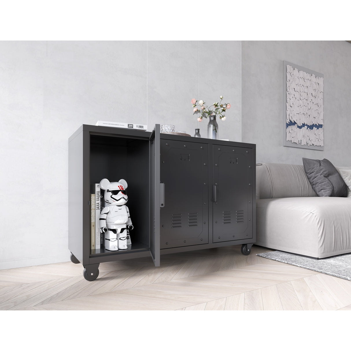 Metal Storage Cabinet with Wheels,3 Doors ,Sturdy and Durable Heavy Duty Utility Storage Cabinet for Office Storage Room