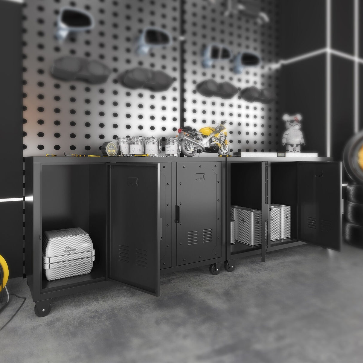 Metal Storage Cabinet with Wheels,3 Doors ,Sturdy and Durable Heavy Duty Utility Storage Cabinet for Office Storage Room
