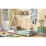 Metal Twin Size House Platform Bed with Triangle Structure, White