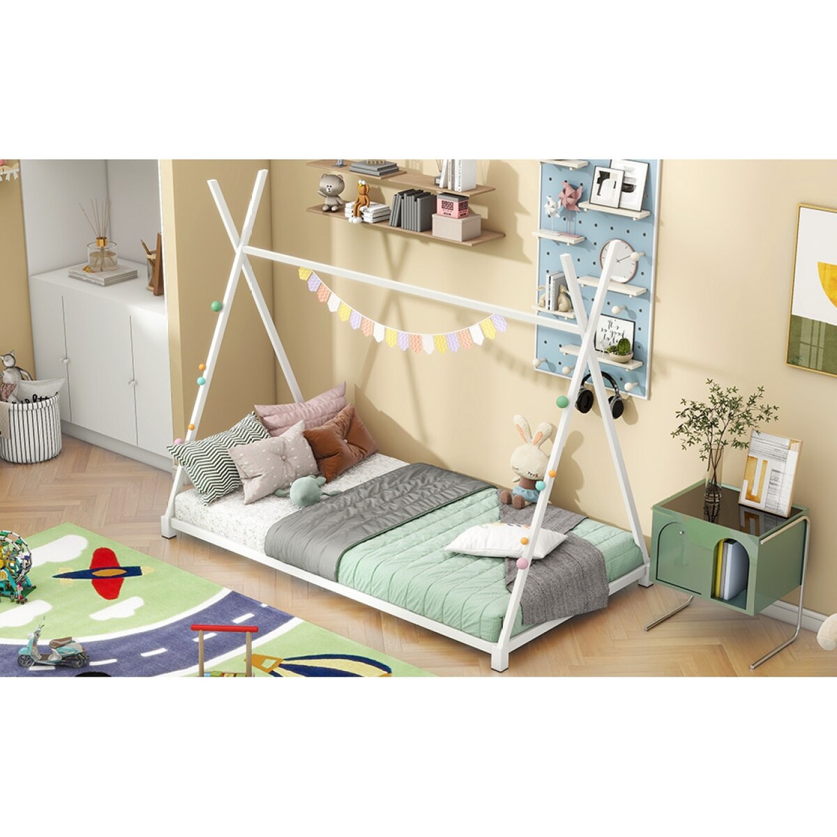 Metal Twin Size House Platform Bed with Triangle Structure, White