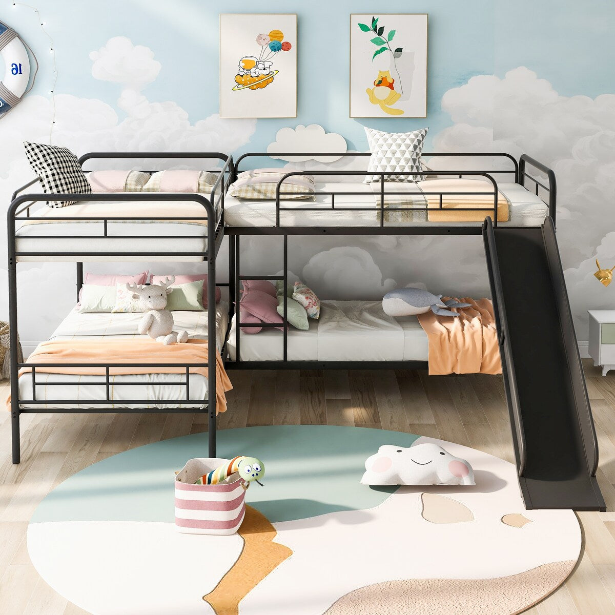Metal Twin Size L-Shaped Bunk Bed with Slide and Ladder (4 Pieces) - Quality Steel Slats Support