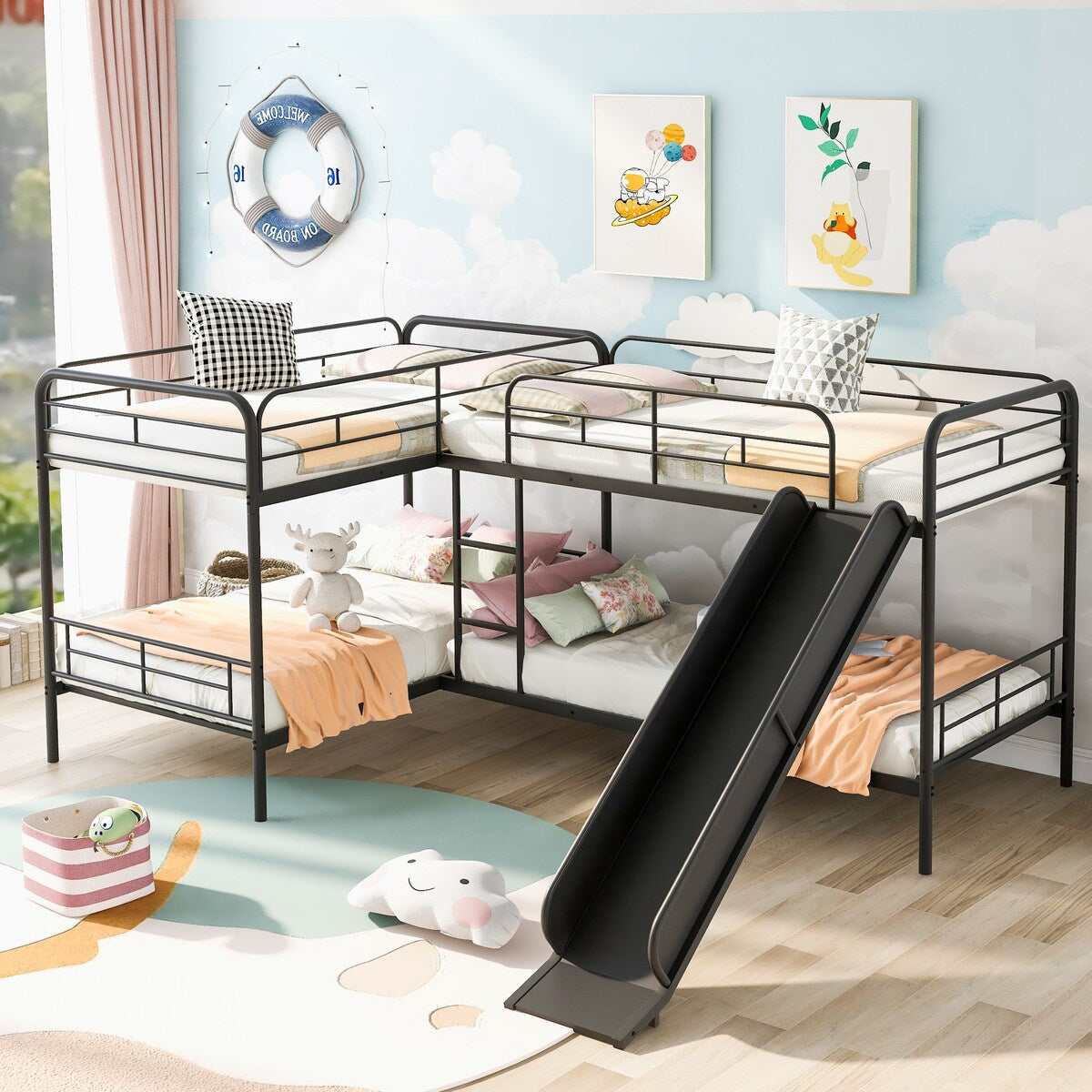 Metal Twin Size L-Shaped Bunk Bed with Slide and Ladder (4 Pieces) - Quality Steel Slats Support
