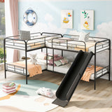 Metal Twin Size L-Shaped Bunk Bed with Slide and Ladder (4 Pieces) - Quality Steel Slats Support