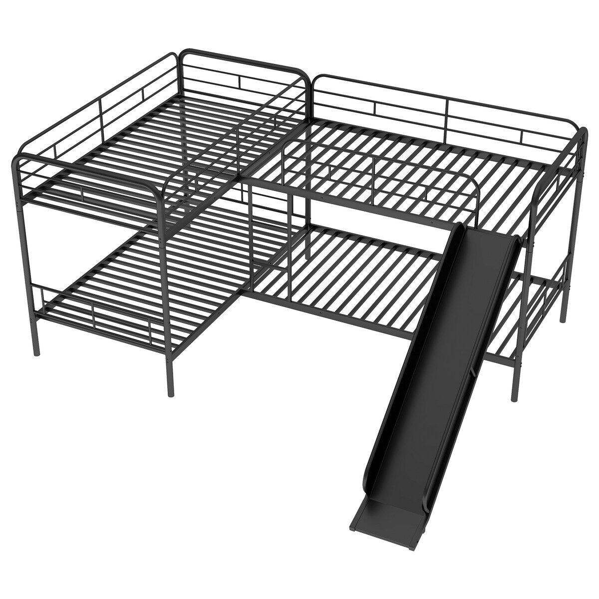 Metal Twin Size L-Shaped Bunk Bed with Slide and Ladder (4 Pieces) - Quality Steel Slats Support