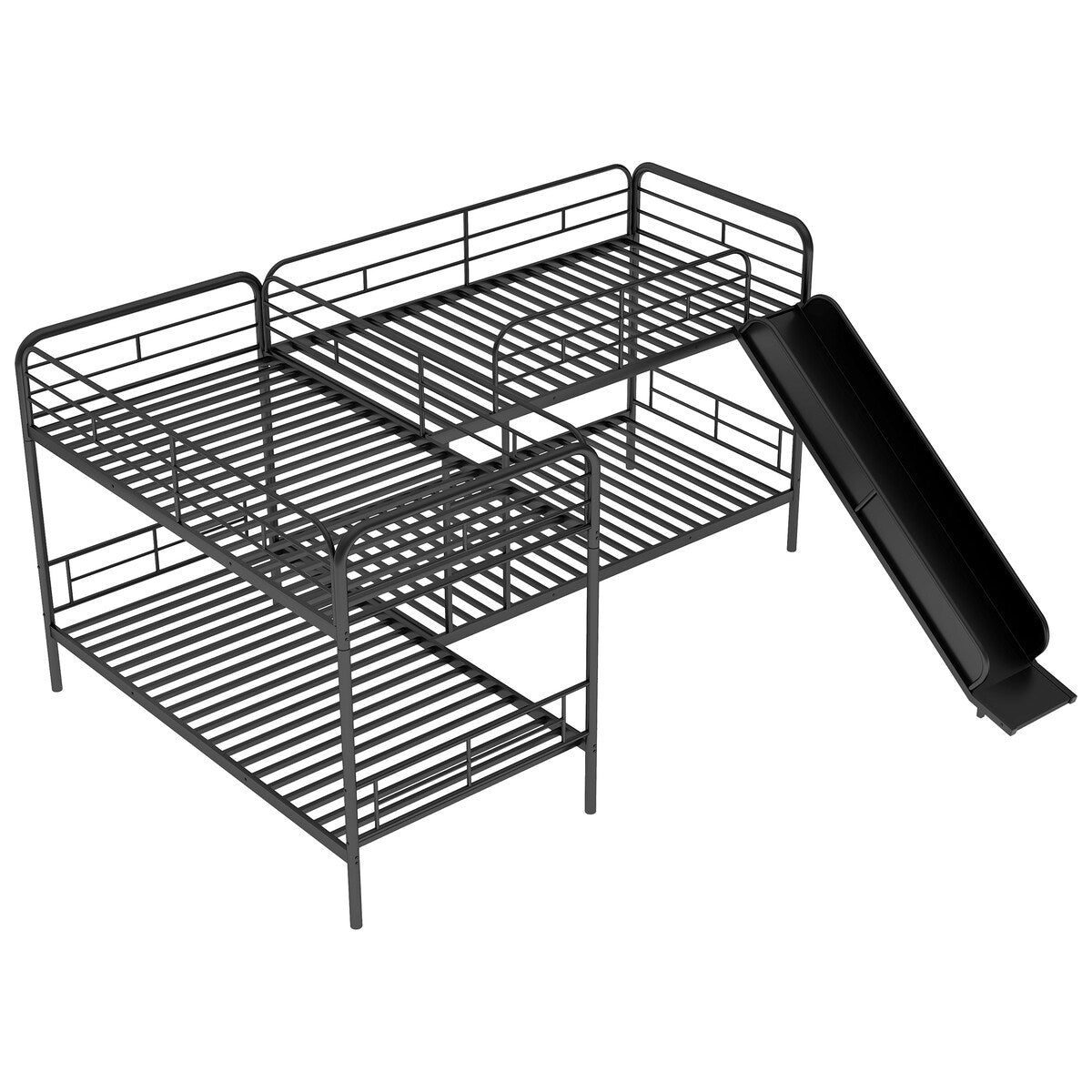 Metal Twin Size L-Shaped Bunk Bed with Slide and Ladder (4 Pieces) - Quality Steel Slats Support