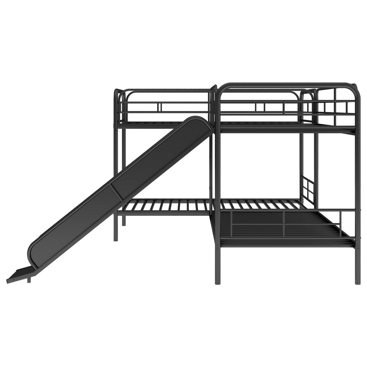 Metal Twin Size L-Shaped Bunk Bed with Slide and Ladder (4 Pieces) - Quality Steel Slats Support
