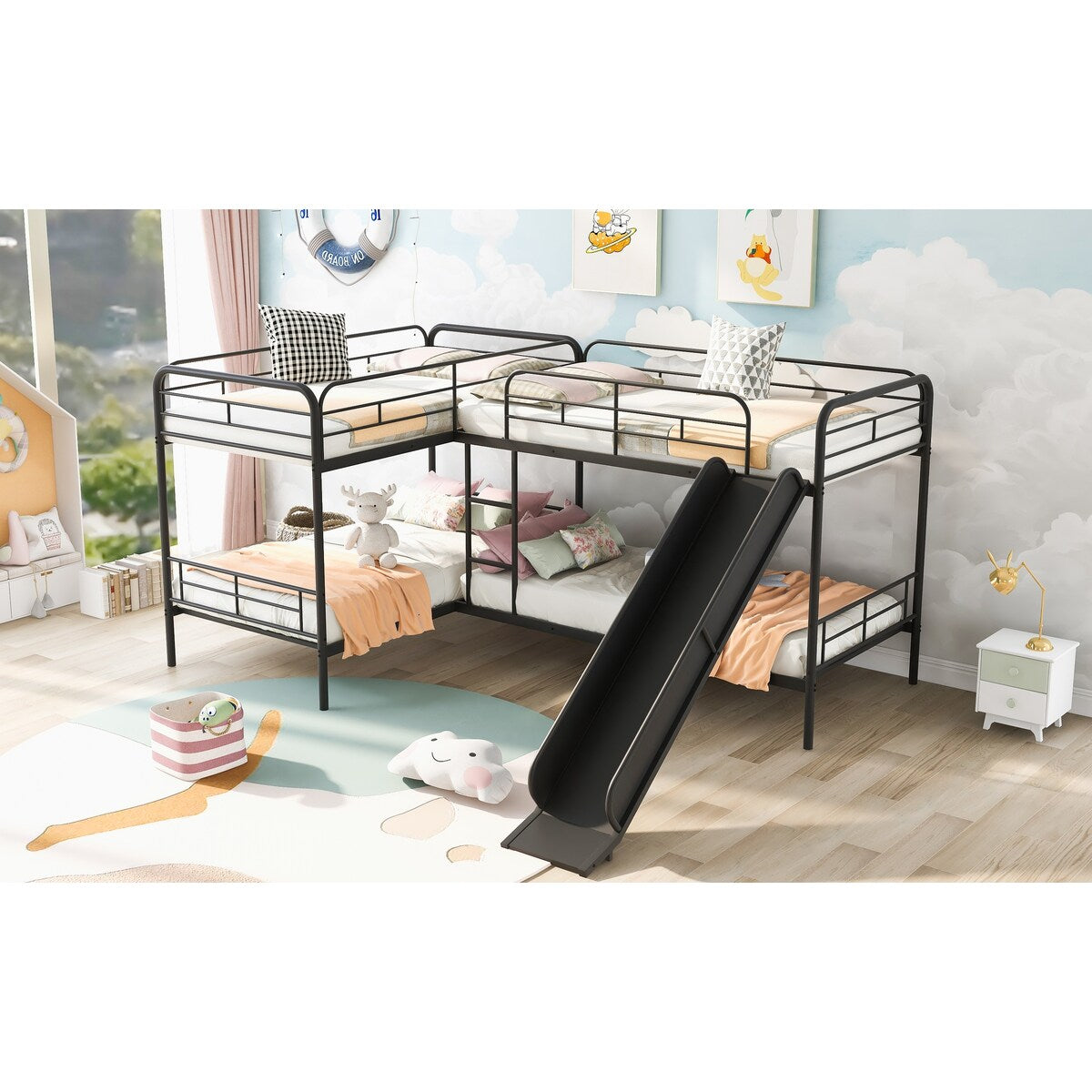 Metal Twin Size L-Shaped Bunk Bed with Slide and Ladder (4 Pieces) - Quality Steel Slats Support