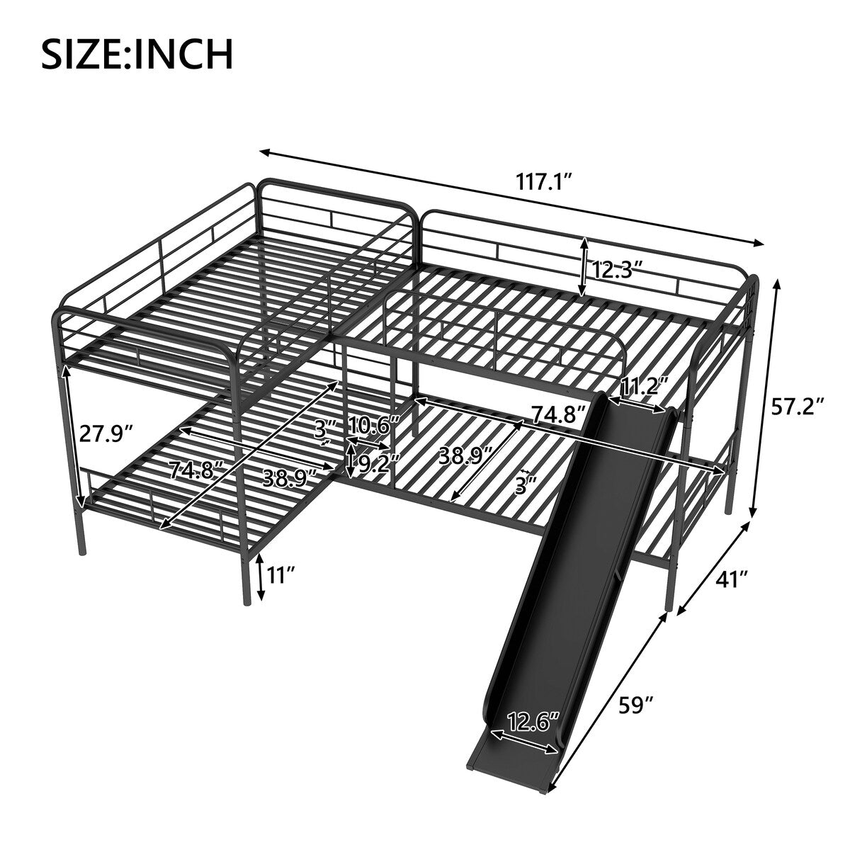 Metal Twin Size L-Shaped Bunk Bed with Slide and Ladder (4 Pieces) - Quality Steel Slats Support