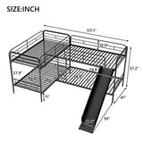 Metal Twin Size L-Shaped Bunk Bed with Slide and Ladder (4 Pieces) - Quality Steel Slats Support