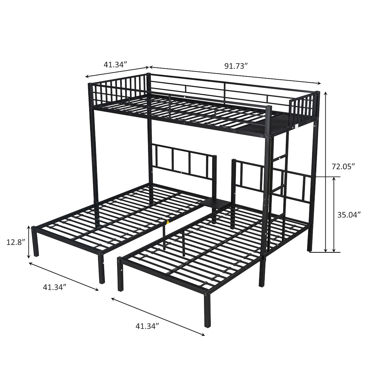 Metal Twin Size Triple Bunk Bed with Separated Twin Beds and Guardrail