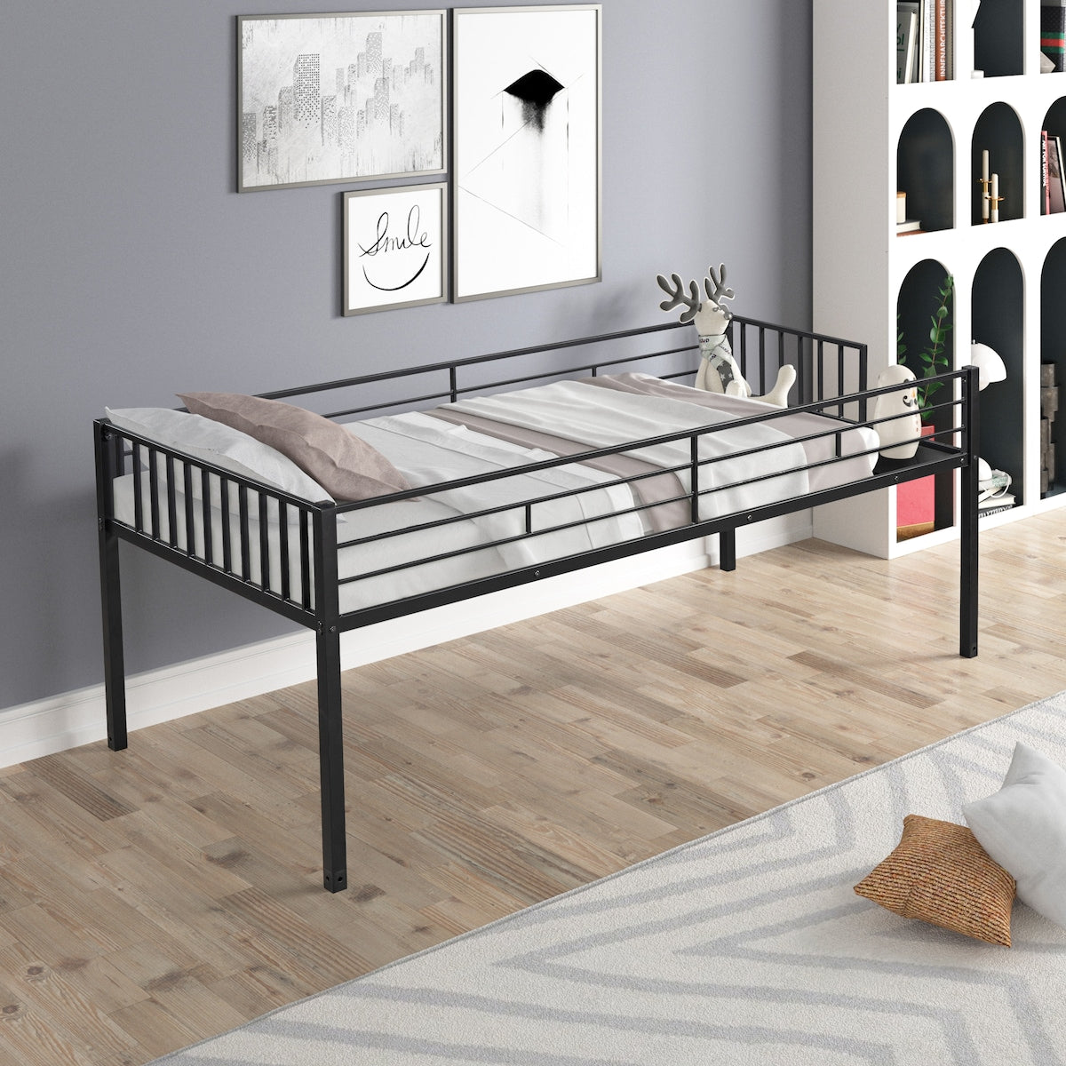 Metal Twin Size Triple Bunk Bed with Separated Twin Beds and Guardrail
