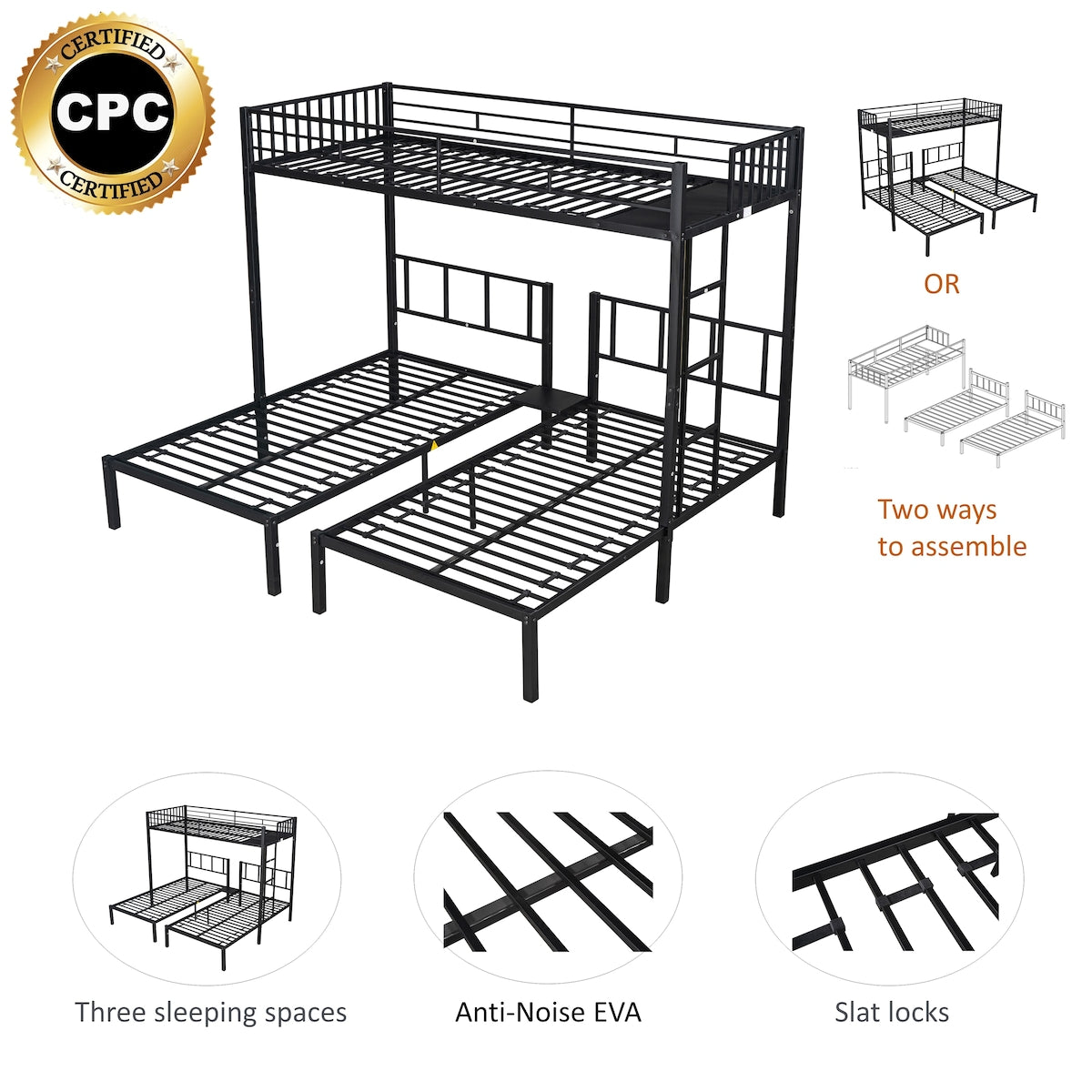 Metal Twin Size Triple Bunk Bed with Separated Twin Beds and Guardrail