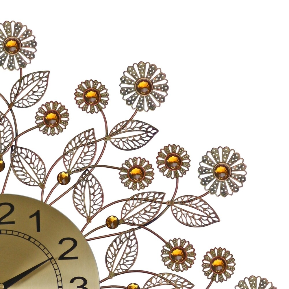 Metal Wall Clock, 27" Copper Finish Flowers Bejeweled w/ Amber Stones