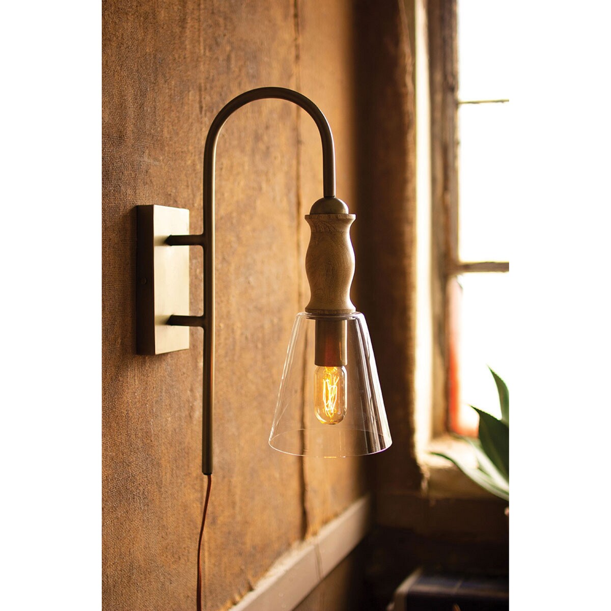 Metal Wall Lamp With Wood and Glass Shade - 21-inch Tall
