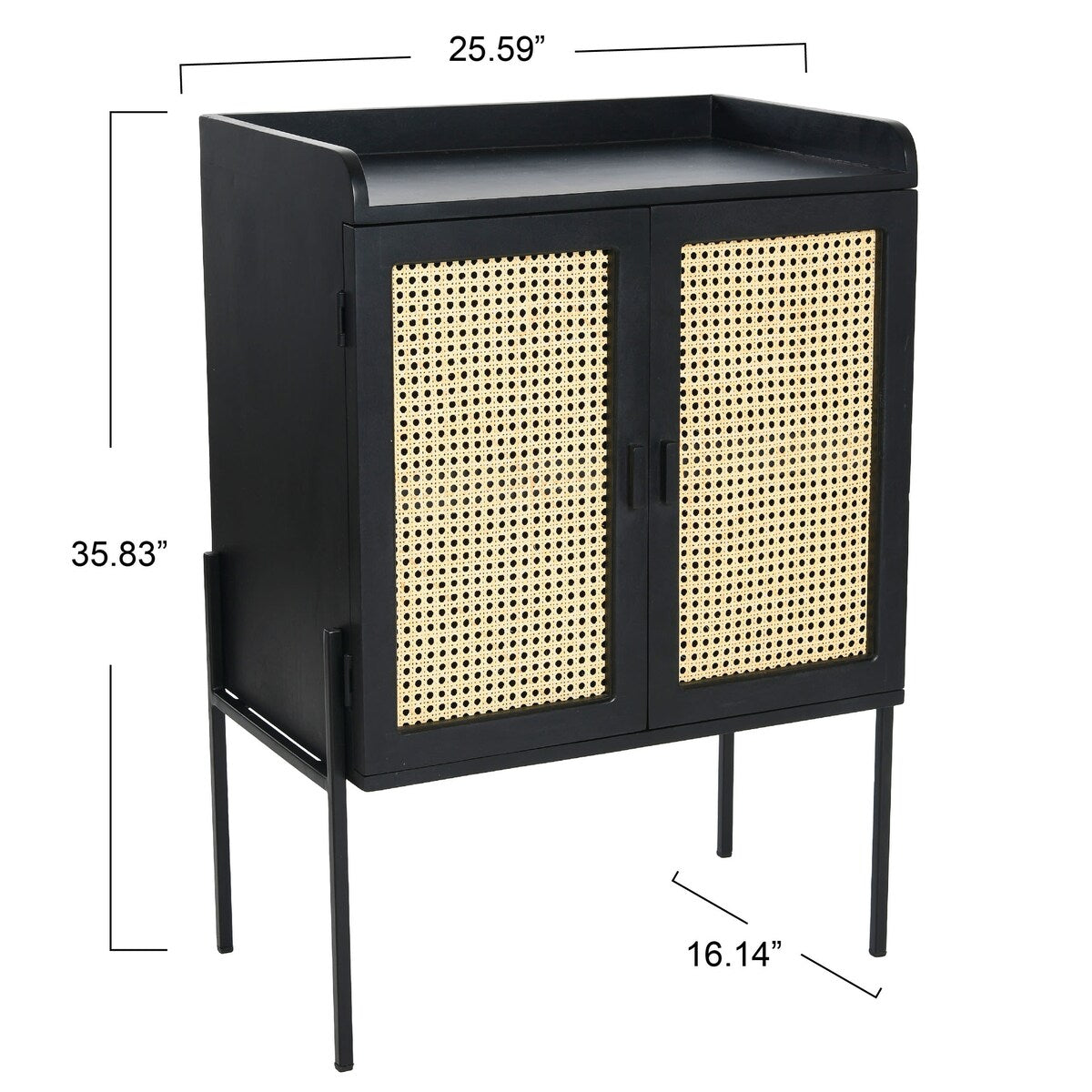 Solid Wood Bar Cabinet with Metal Legs and Woven Cane Doors