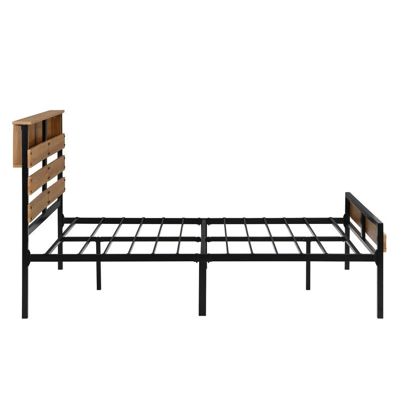 Metal & Wood Full Platform Bed, Bed Frame with Headboard and Footboard