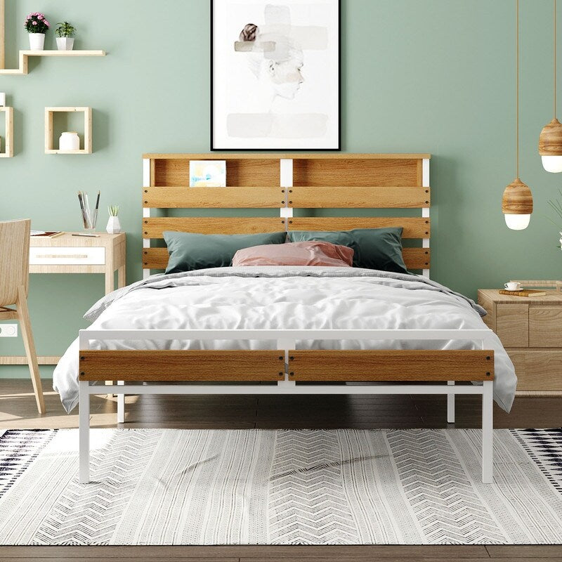 Metal & Wood Full Platform Bed, Bed Frame with Headboard and Footboard