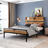 Metal & Wood Full Platform Bed, Bed Frame with Headboard and Footboard