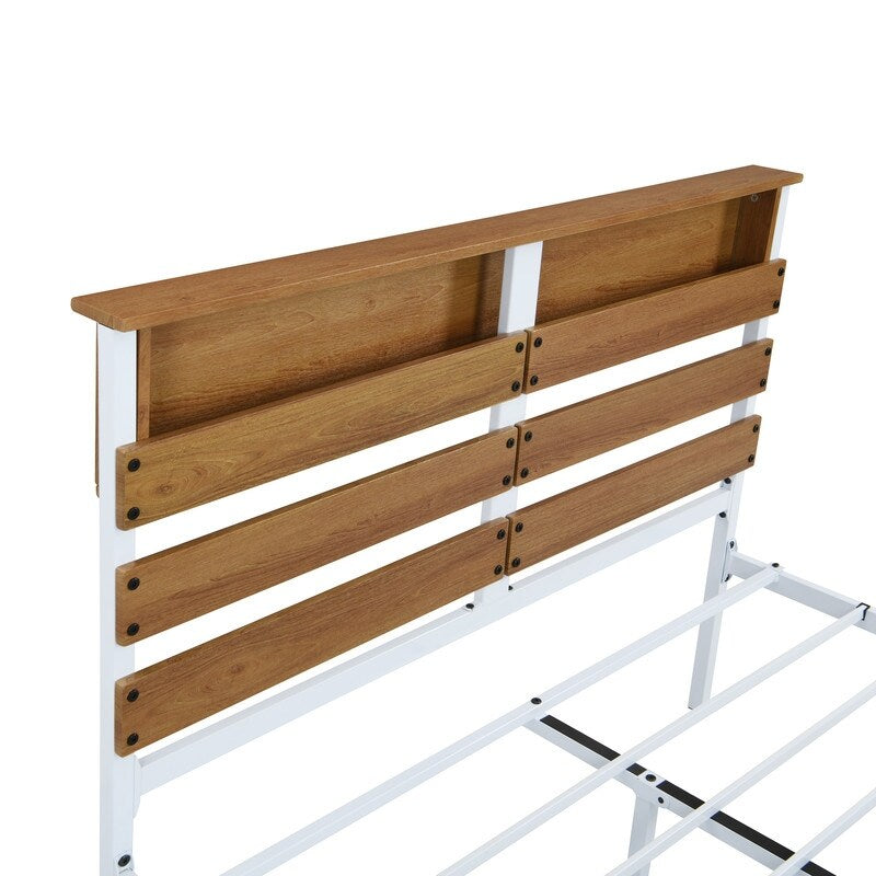 Metal & Wood Full Platform Bed, Bed Frame with Headboard and Footboard