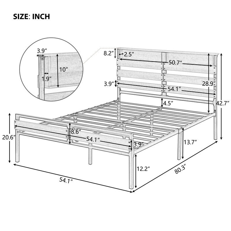 Metal & Wood Full Platform Bed, Bed Frame with Headboard and Footboard