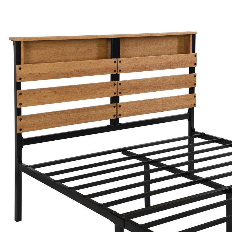 Metal & Wood Full Platform Bed, Bed Frame with Headboard and Footboard