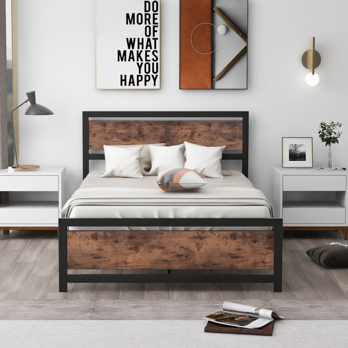 Metal and Wood Platform Bed Frame with Headboard & Footboard
