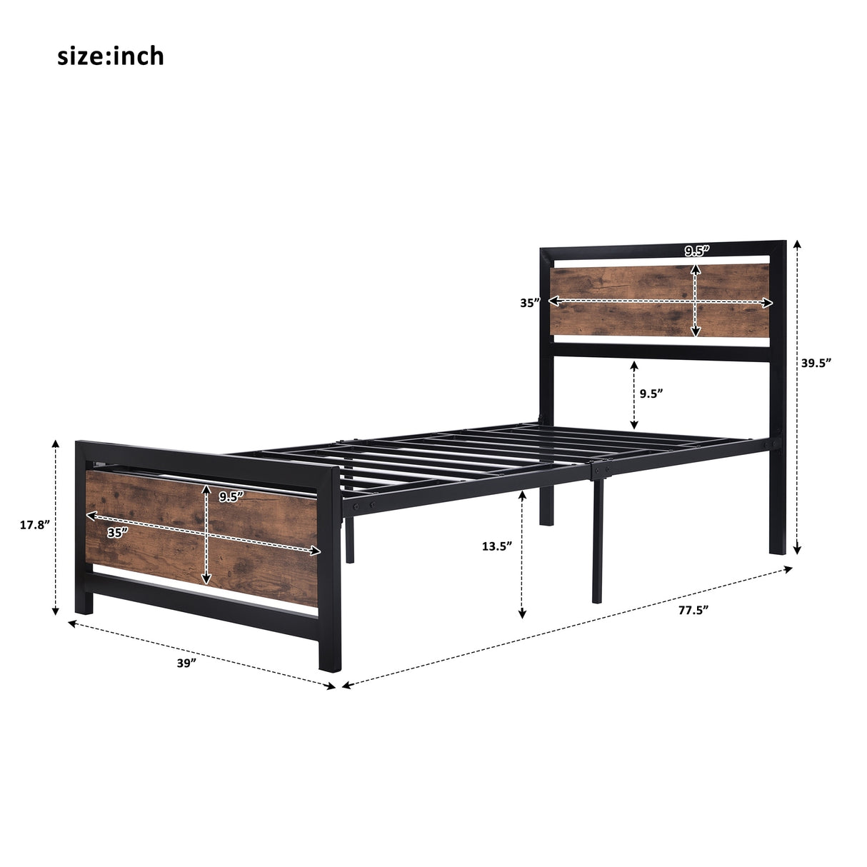 Metal and Wood Platform Bed Frame with Headboard & Footboard