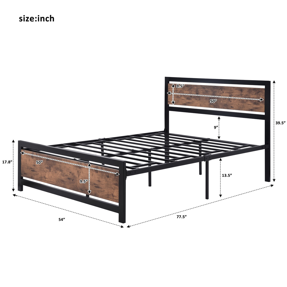 Metal and Wood Platform Bed Frame with Headboard & Footboard