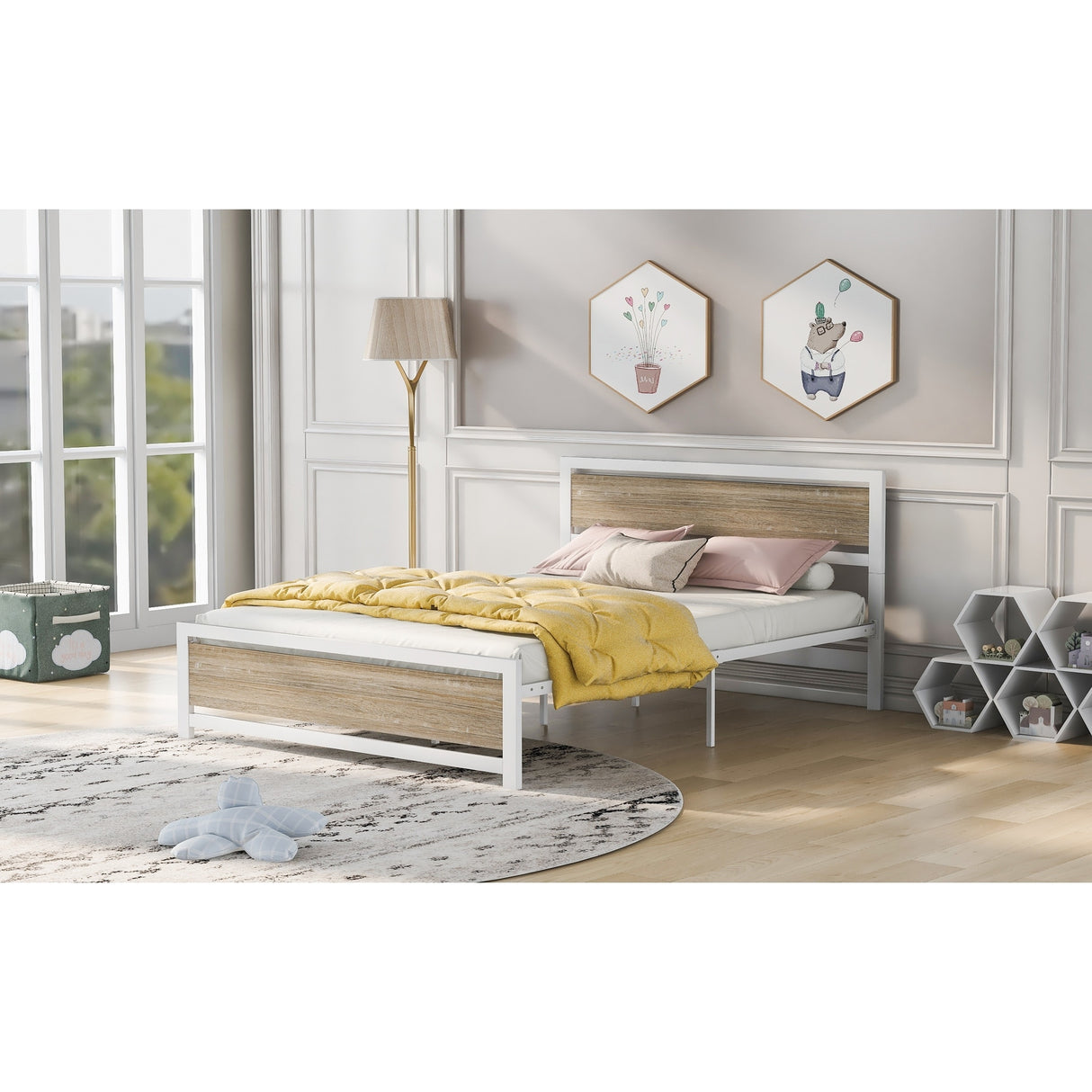 Metal and Wood Platform Bed Frame with Headboard & Footboard