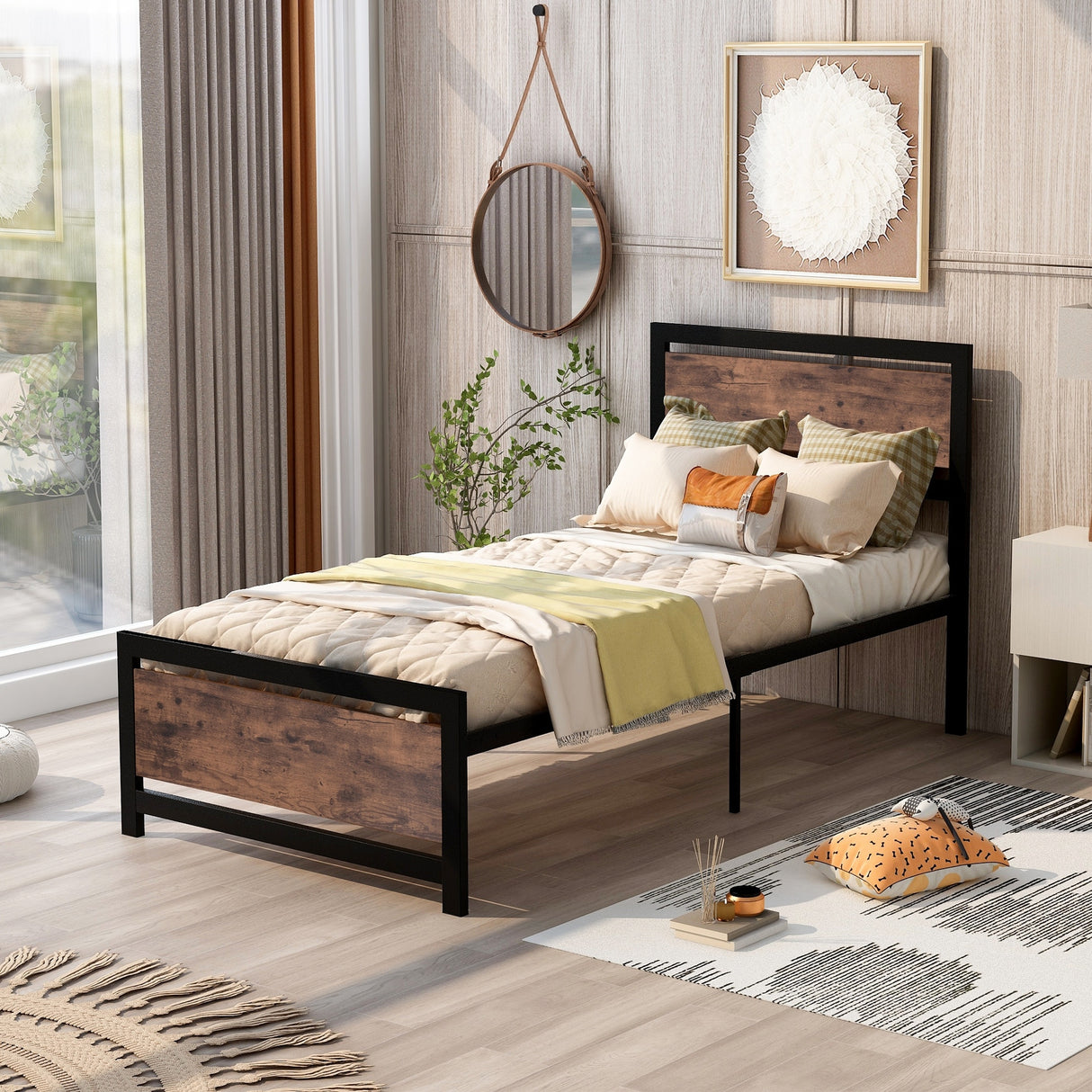Metal and Wood Platform Bed Frame with Headboard & Footboard