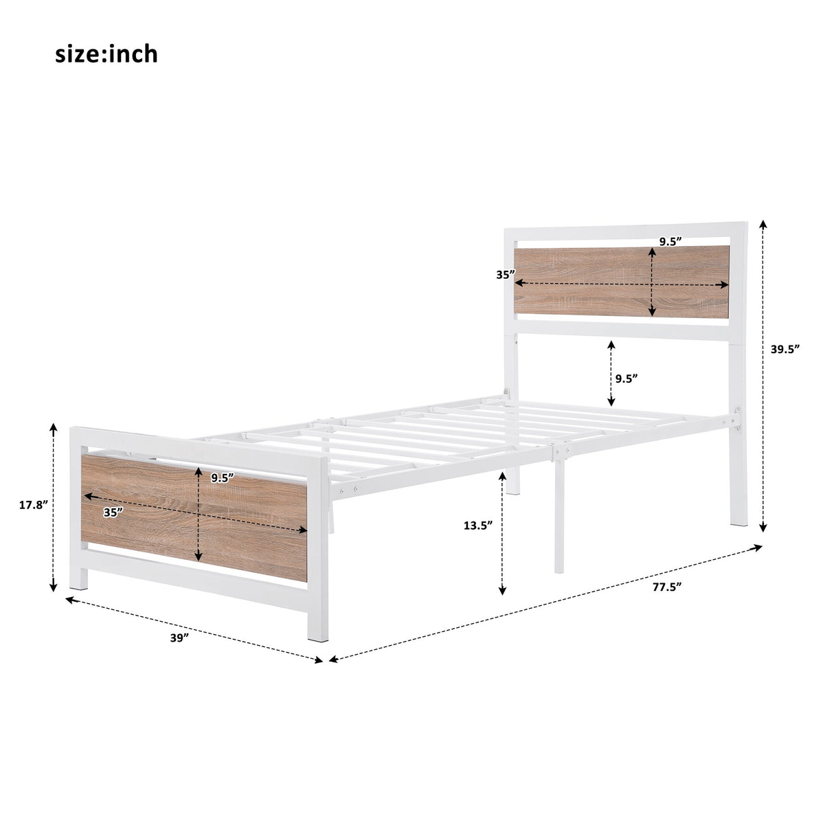 Metal and Wood Platform Bed Frame with Headboard & Footboard