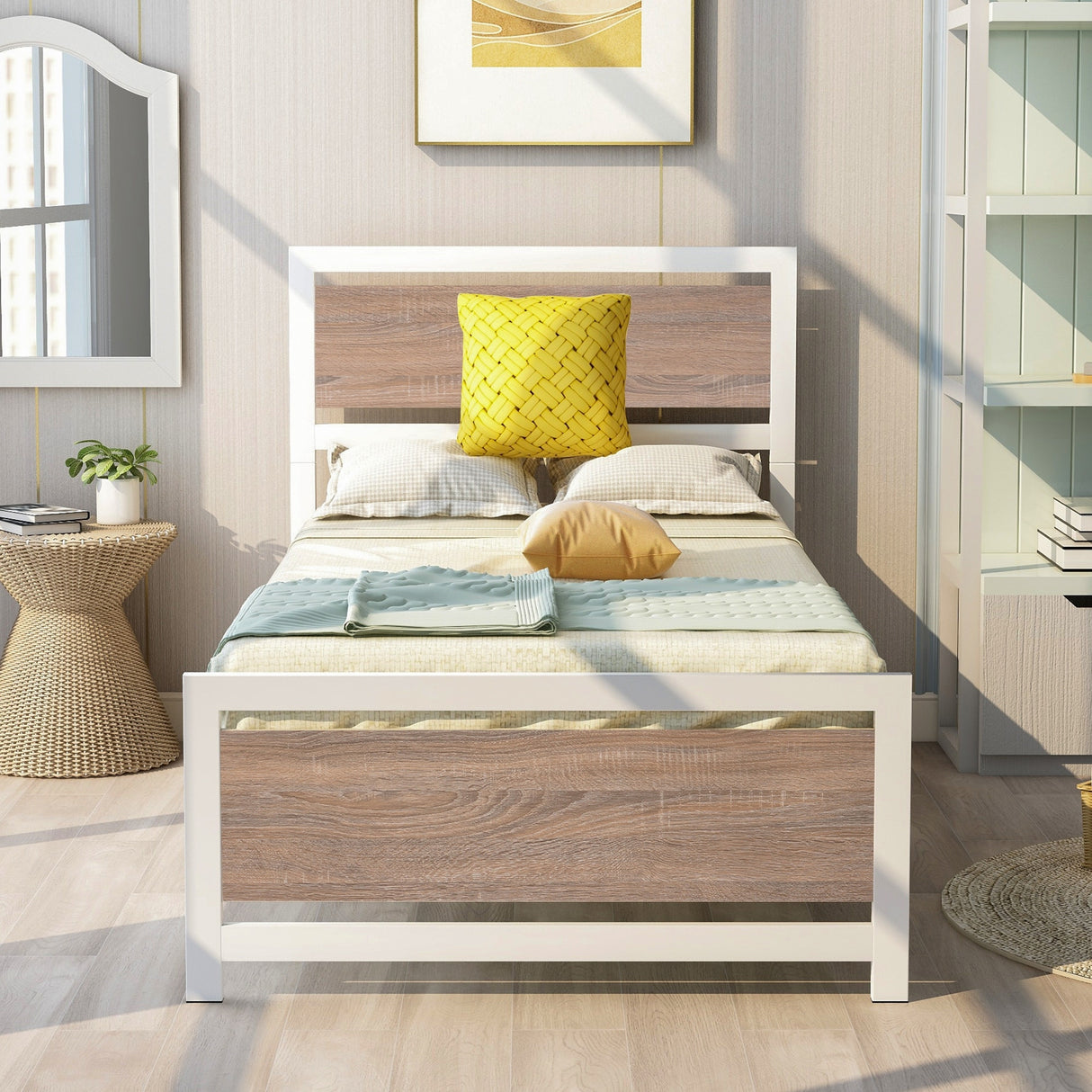 Metal and Wood Platform Bed Frame with Headboard & Footboard