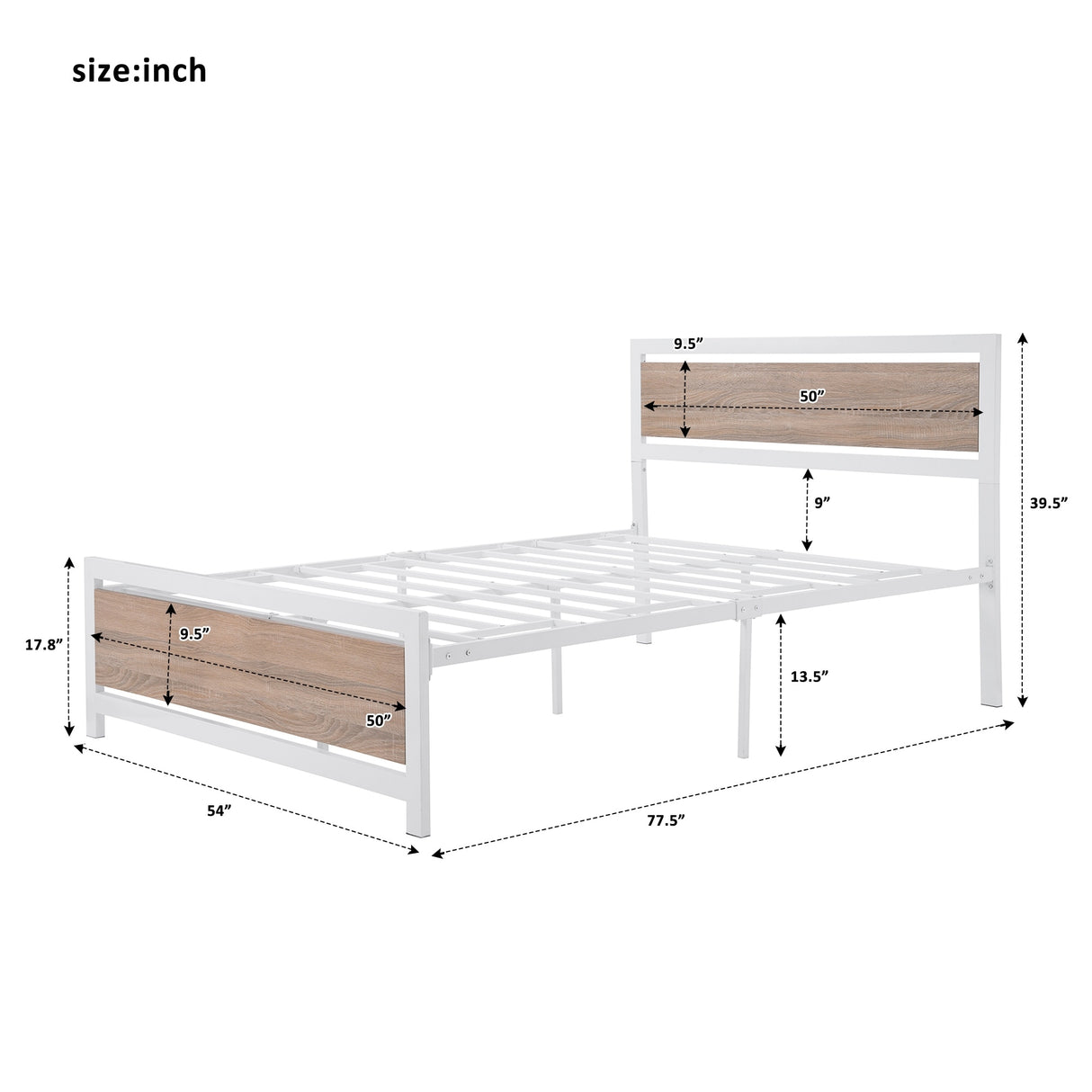 Metal and Wood Platform Bed Frame with Headboard & Footboard