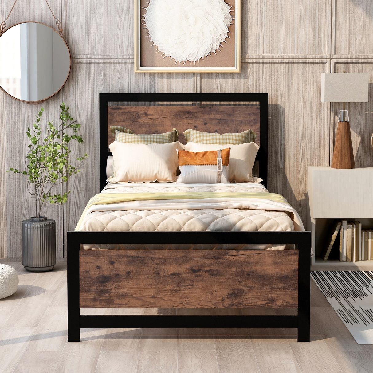 Metal and Wood Platform Bed Frame with Headboard & Footboard