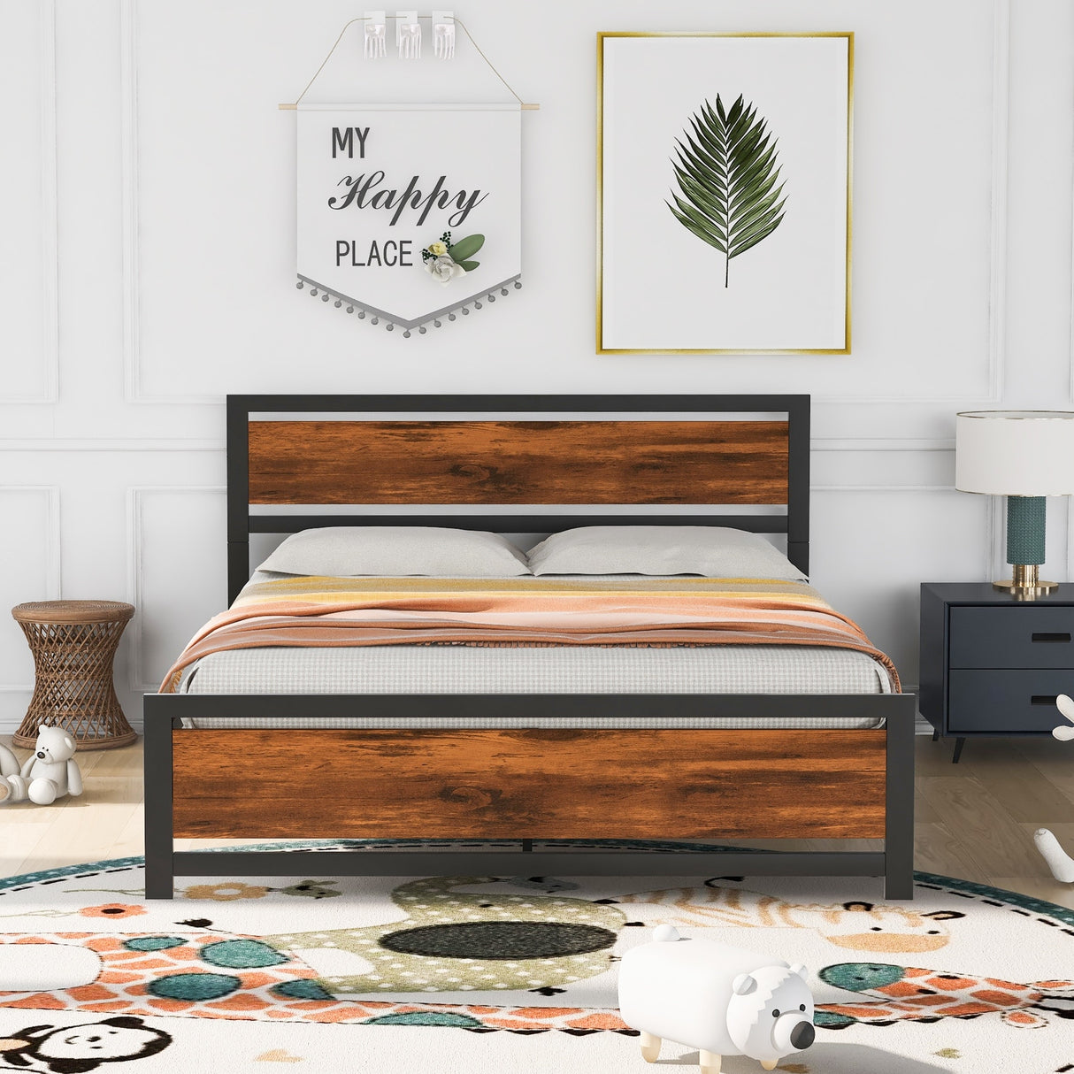 Metal and Wood Platform Bed Frame with Headboard & Footboard