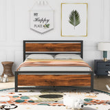Metal and Wood Platform Bed Frame with Headboard & Footboard