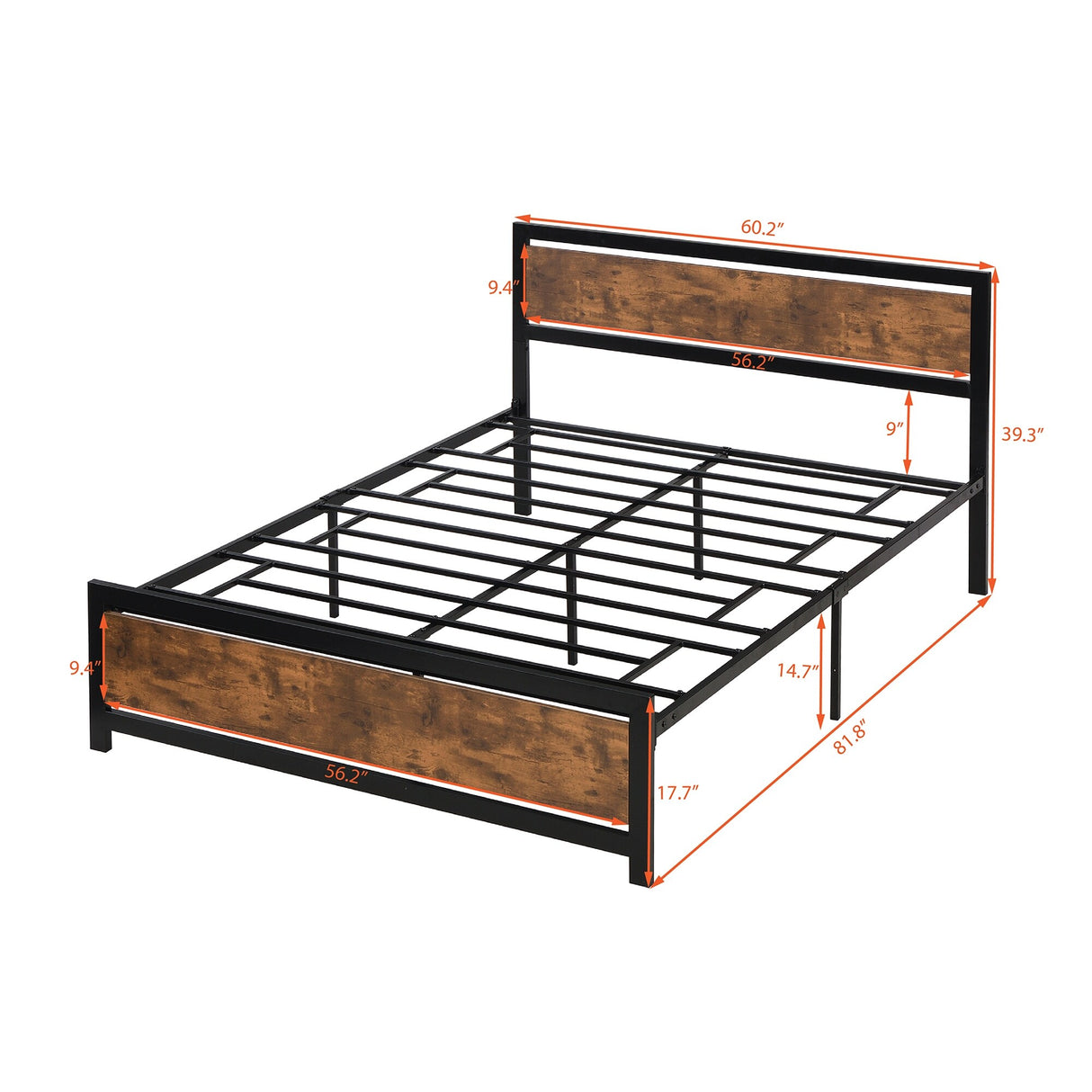 Metal and Wood Platform Bed Frame with Headboard & Footboard