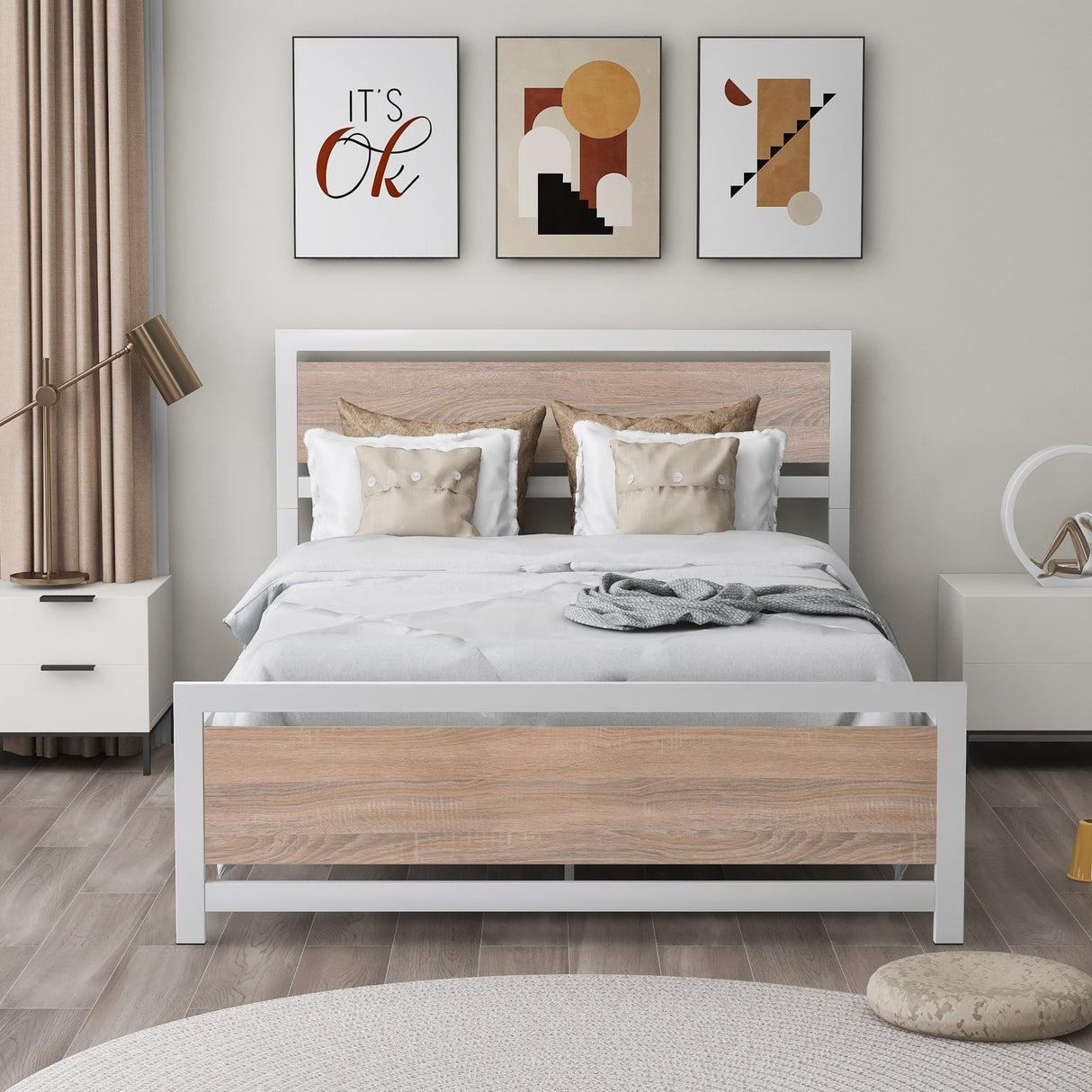 Metal and Wood Platform Bed Frame with Headboard & Footboard