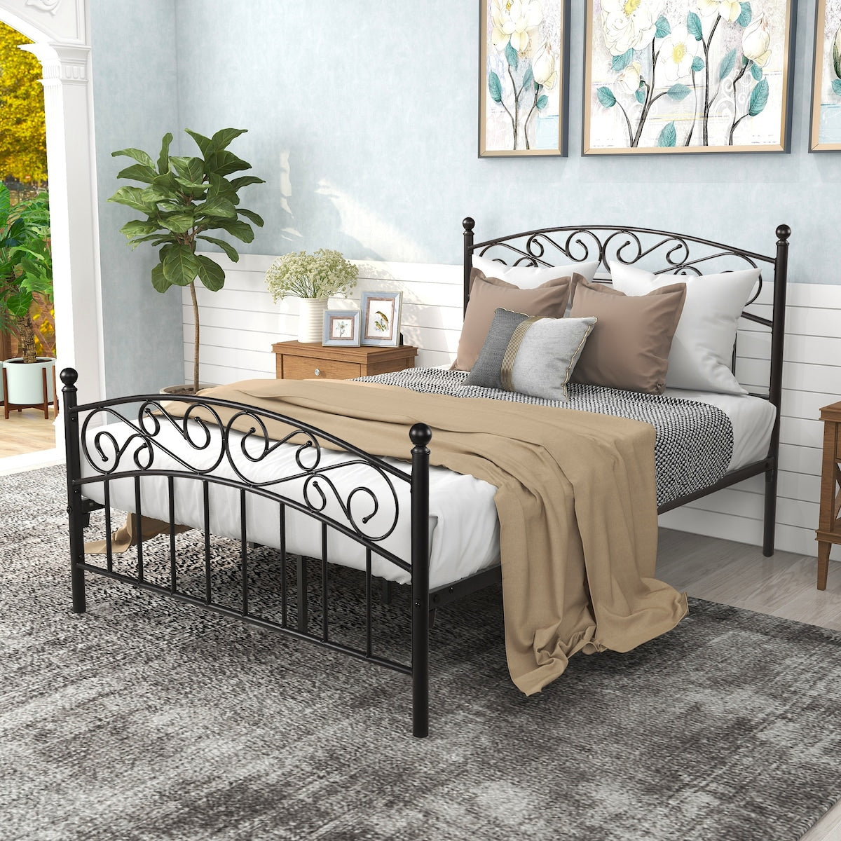 Metal bed frame platform with headboard and footboard, heavy duty and quick assembly, Full Black