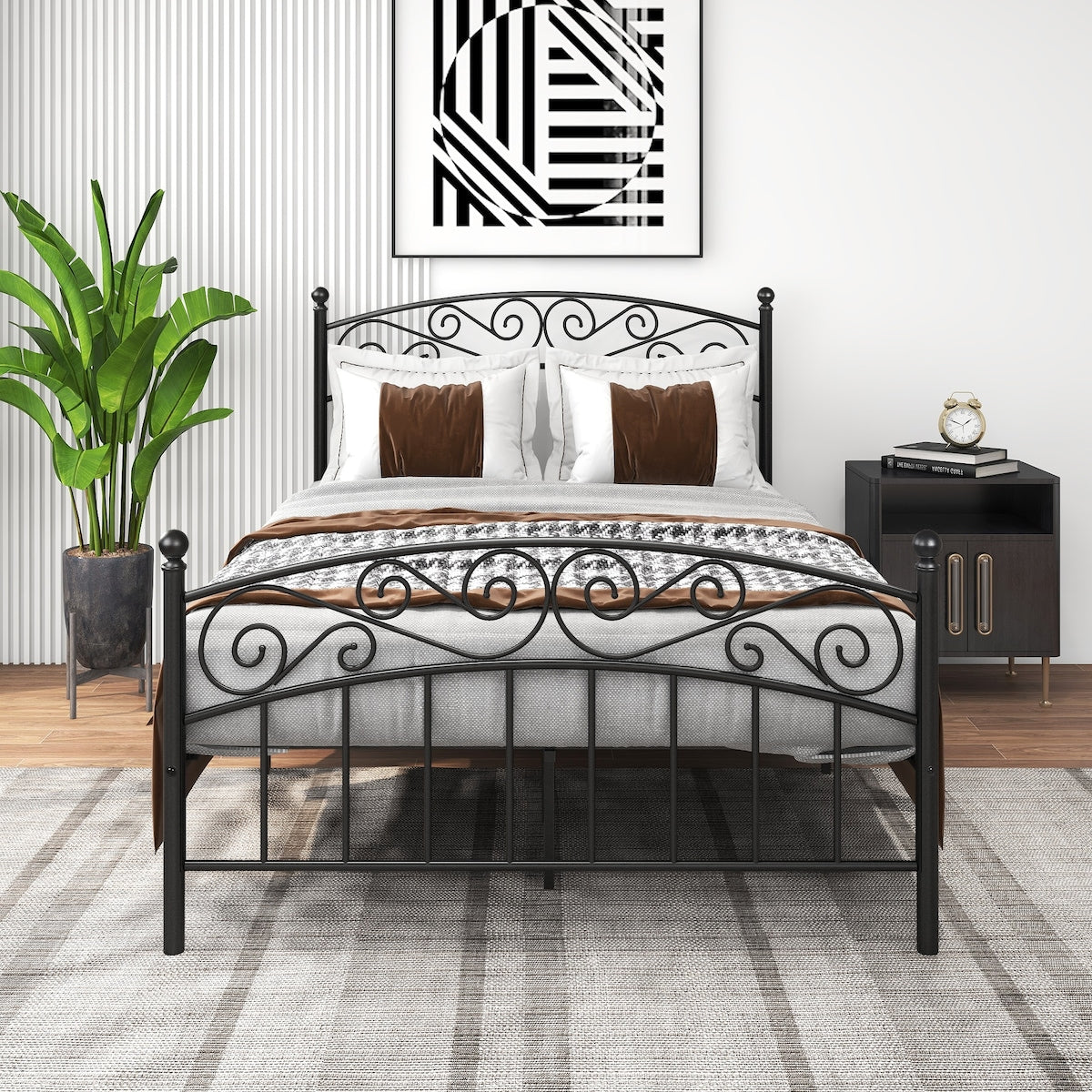 Metal bed frame platform with headboard and footboard, heavy duty and quick assembly, Full Black