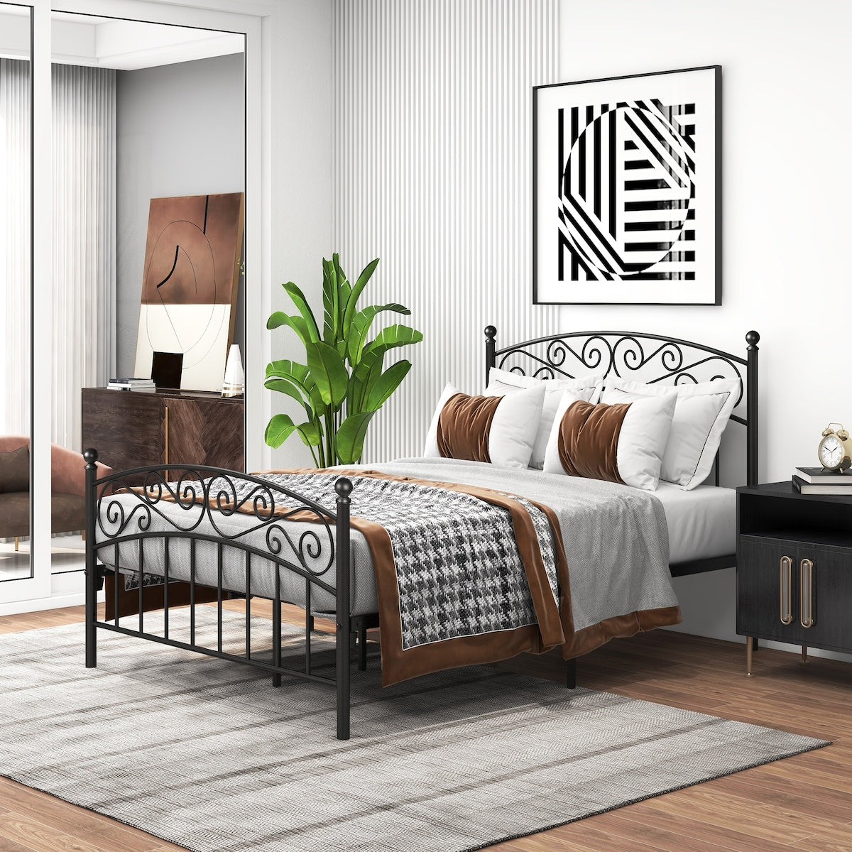 Metal bed frame platform with headboard and footboard, heavy duty and quick assembly, Full Black